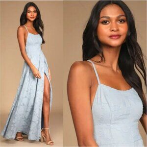 Lulu's Let There Be Romance Slate Blue Burnout Backle Floral Maxi Dress Size M